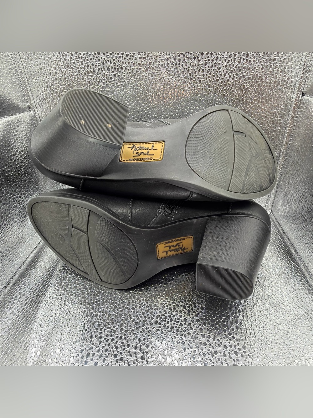 Natural Soul Black Leather Heeled Ankle Booties with Strap - Picture 7 of 14
